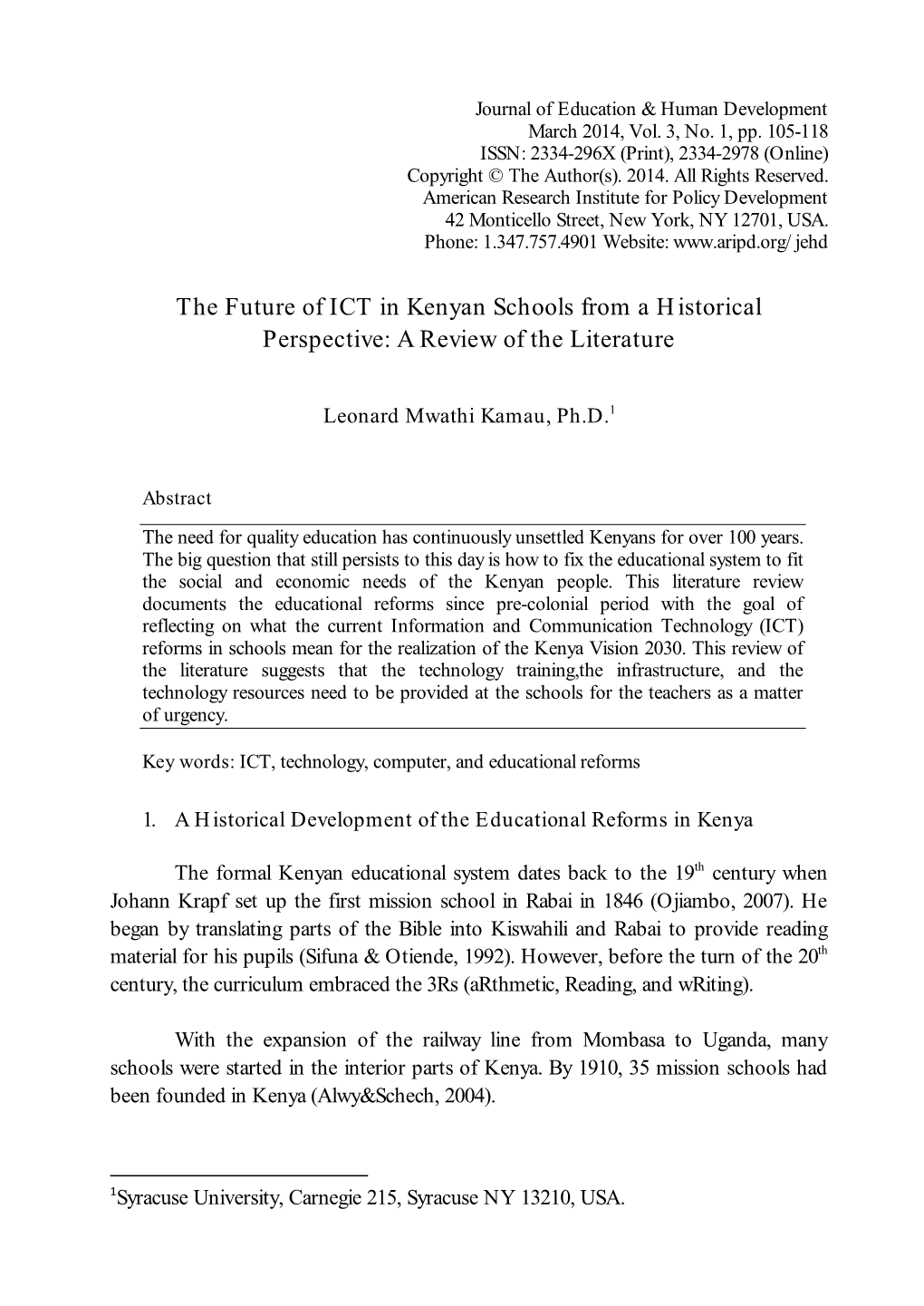 The Future of ICT in Kenyan Schools from a Historical Perspective: a Review of the Literature