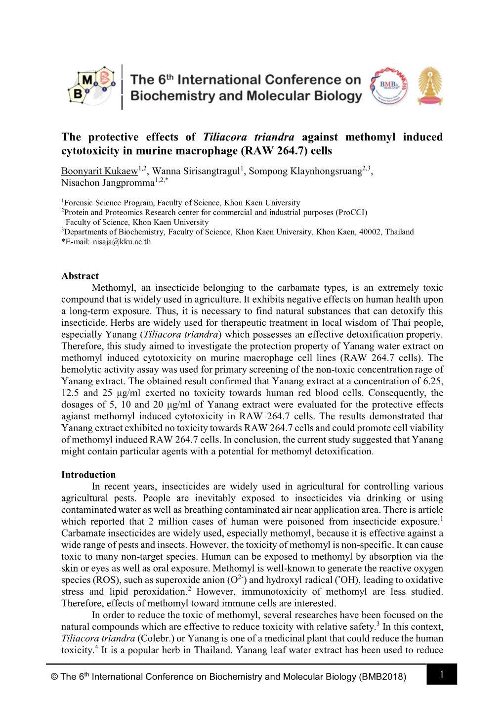 The Protective Effects of Tiliacora Triandra Against Methomyl Induced Cytotoxicity in Murine Macrophage (RAW 264.7) Cells