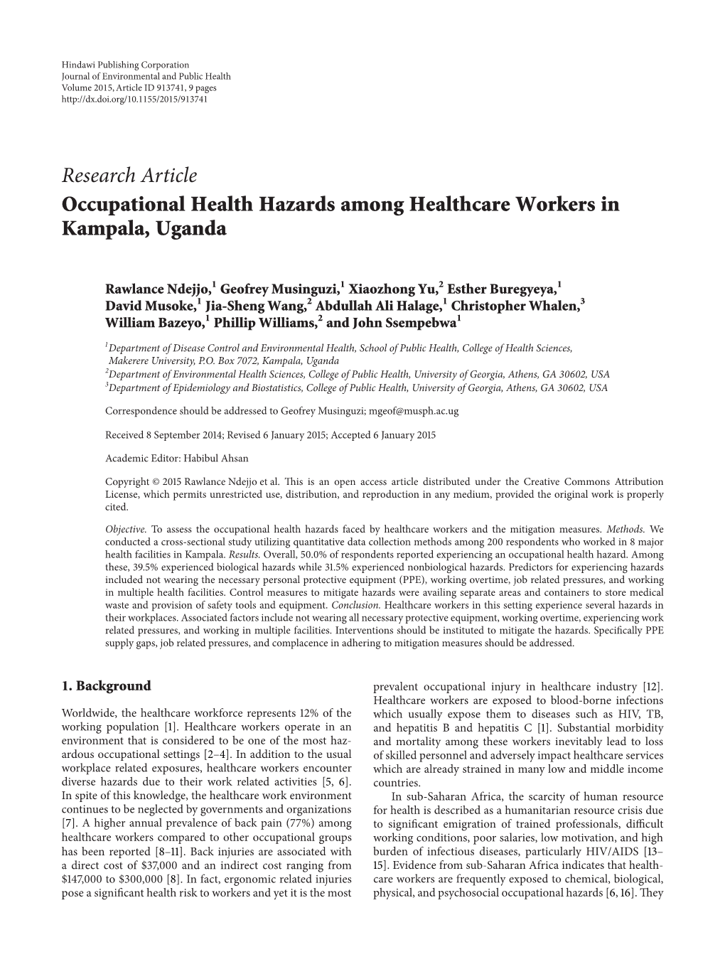 Research Article Occupational Health Hazards Among Healthcare Workers in Kampala, Uganda