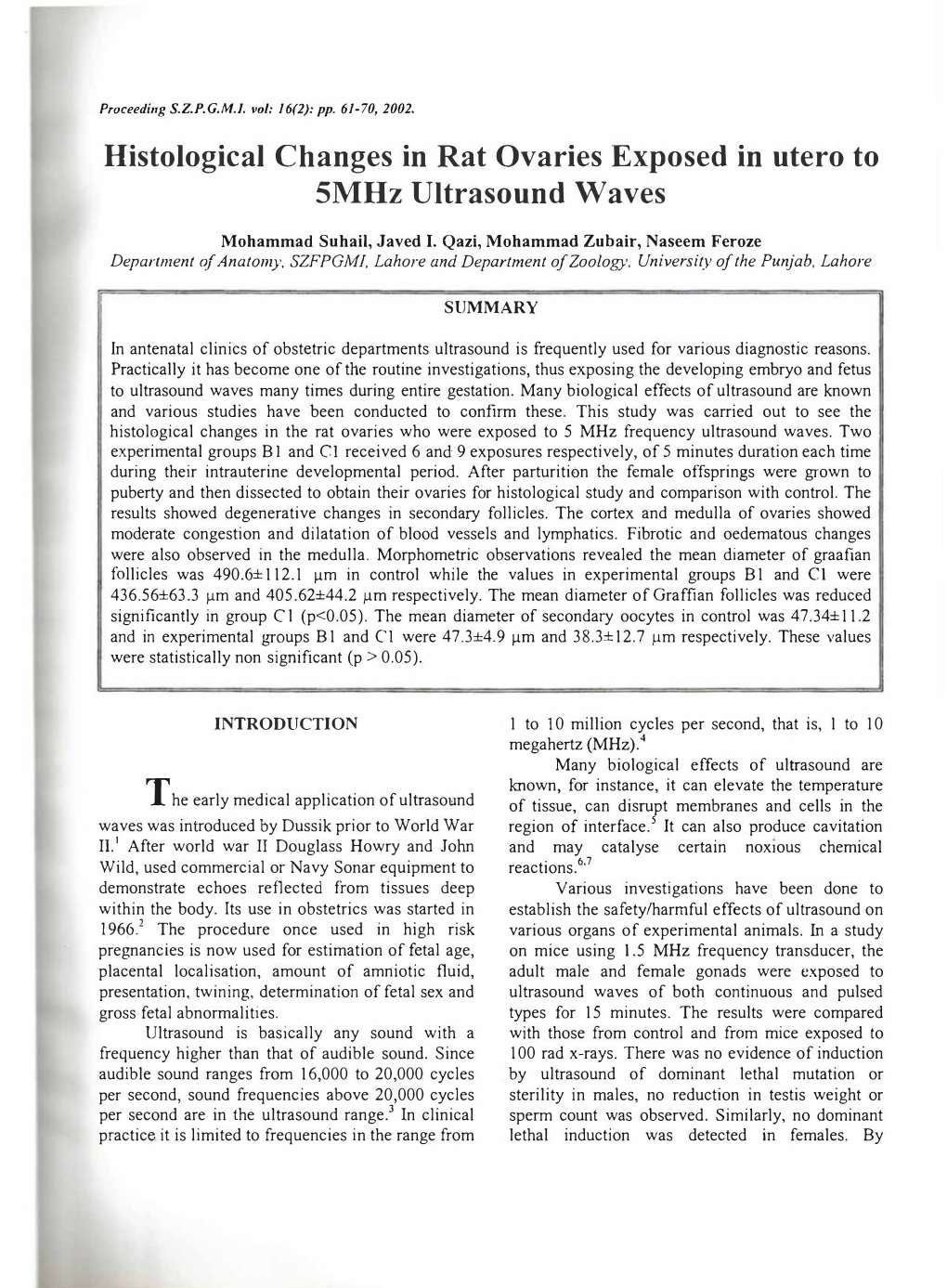 Histological Changes in Rat Ovaries Exposed in Utero to Smhz Ultrasound Waves