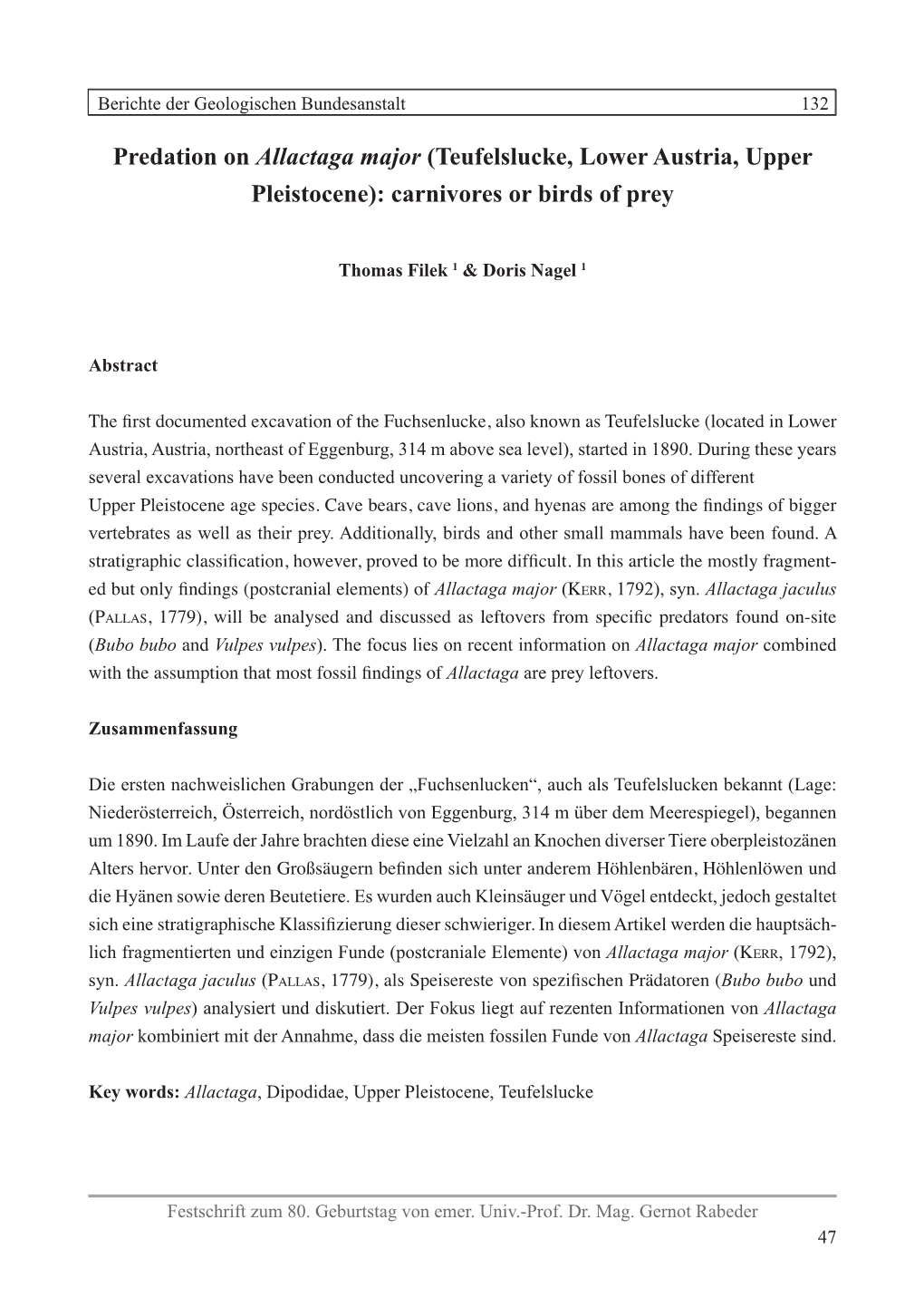 Predation on Allactaga Major (Teufelslucke, Lower Austria, Upper Pleistocene): Carnivores Or Birds of Prey