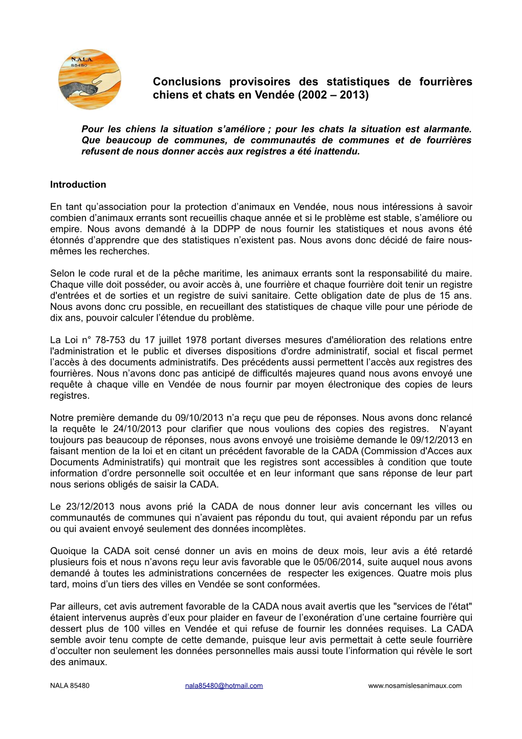 Conclusions Provisoires Des Statistiques De Fourrières Chiens Et Chats En Vendée (2002 – 2013)