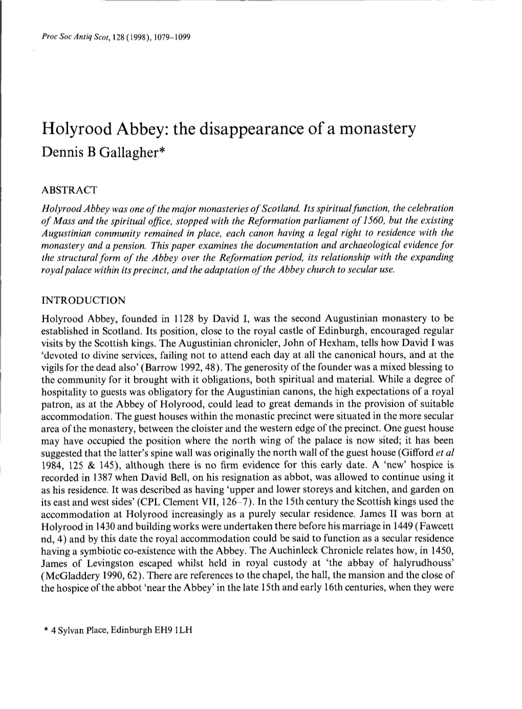 Holyrood Abbey Disappearance Th : Monastera F Eo Y Dennis B Gallagher*