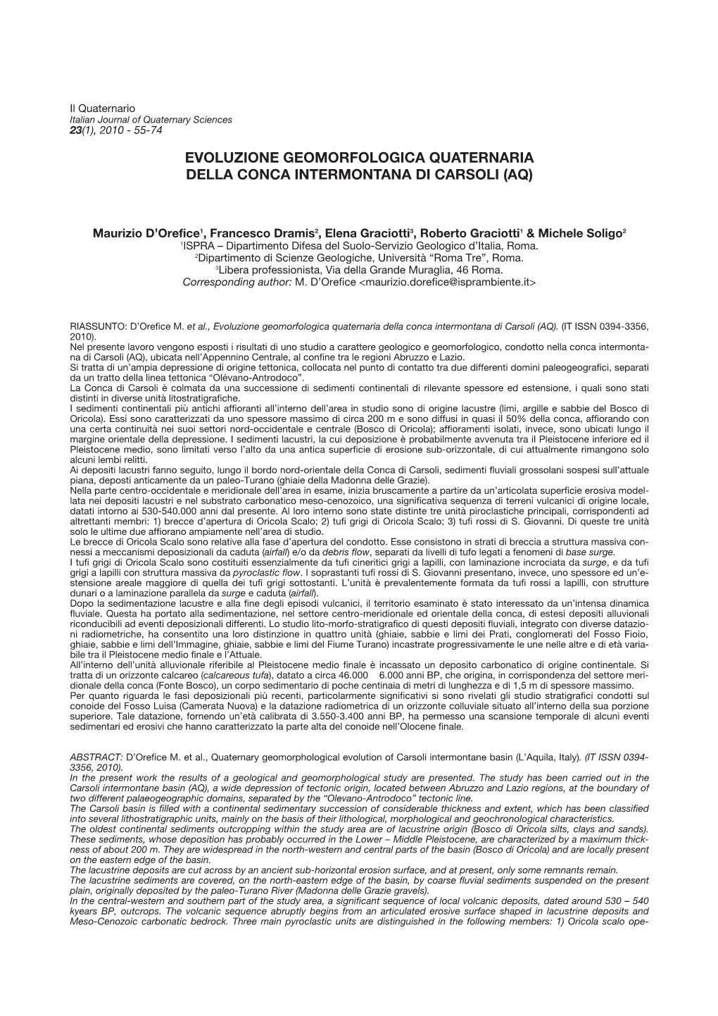 Evoluzione Geomorfologica Quaternaria Della Conca Intermontana Di Carsoli (Aq)