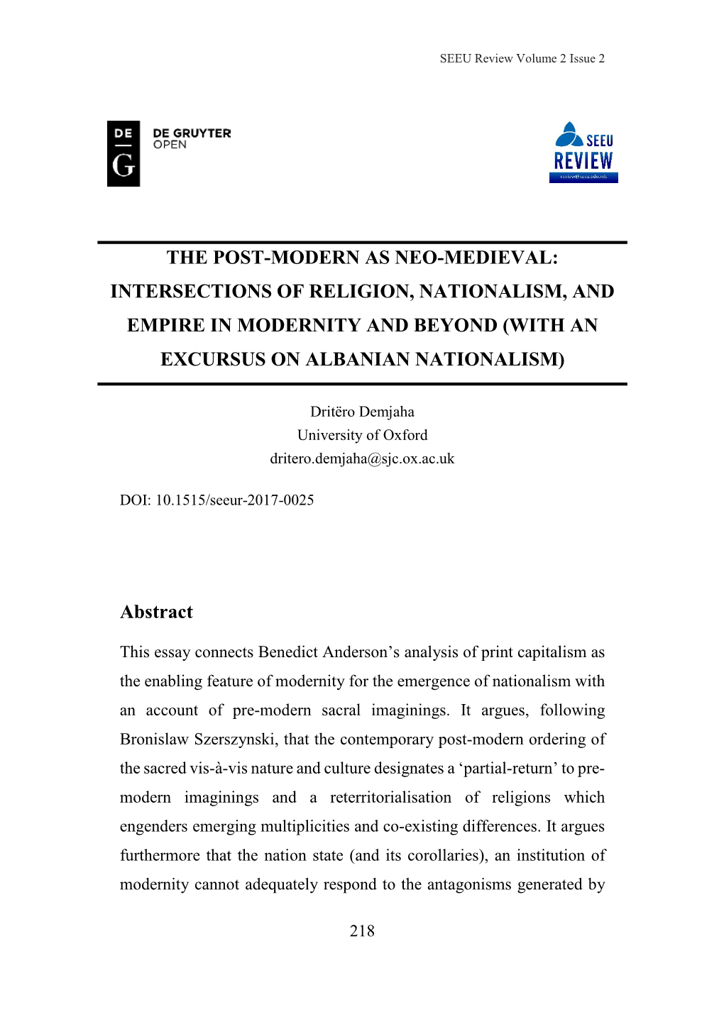 Intersections of Religion, Nationalism, and Empire in Modernity and Beyond (With an Excursus on Albanian Nationalism)