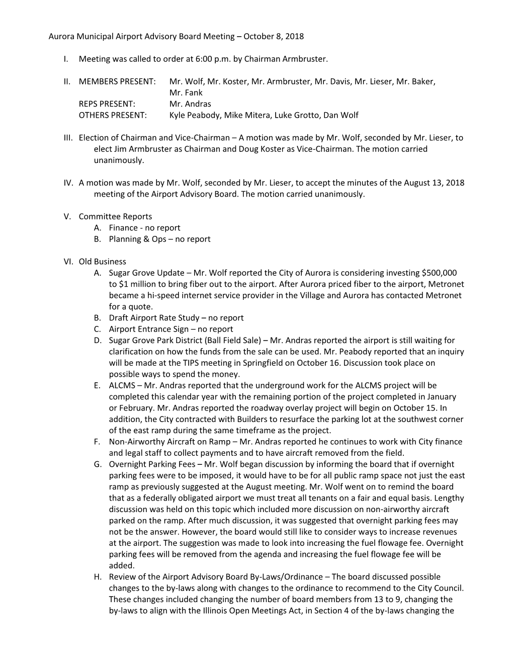 Aurora Municipal Airport Advisory Board Meeting – October 8, 2018