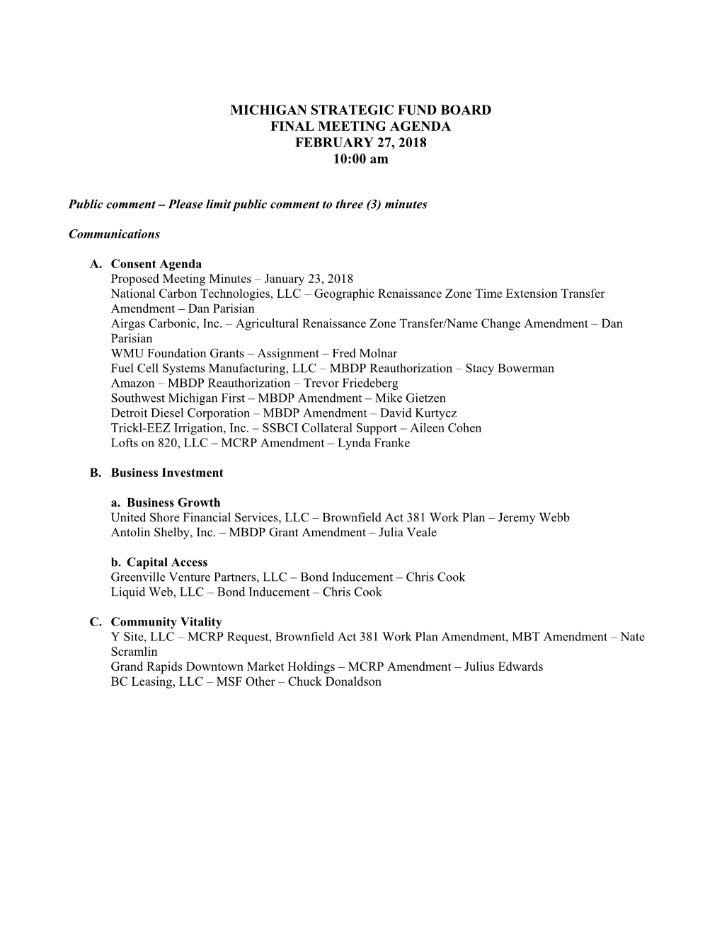 MICHIGAN STRATEGIC FUND BOARD FINAL MEETING AGENDA FEBRUARY 27, 2018 10:00 Am