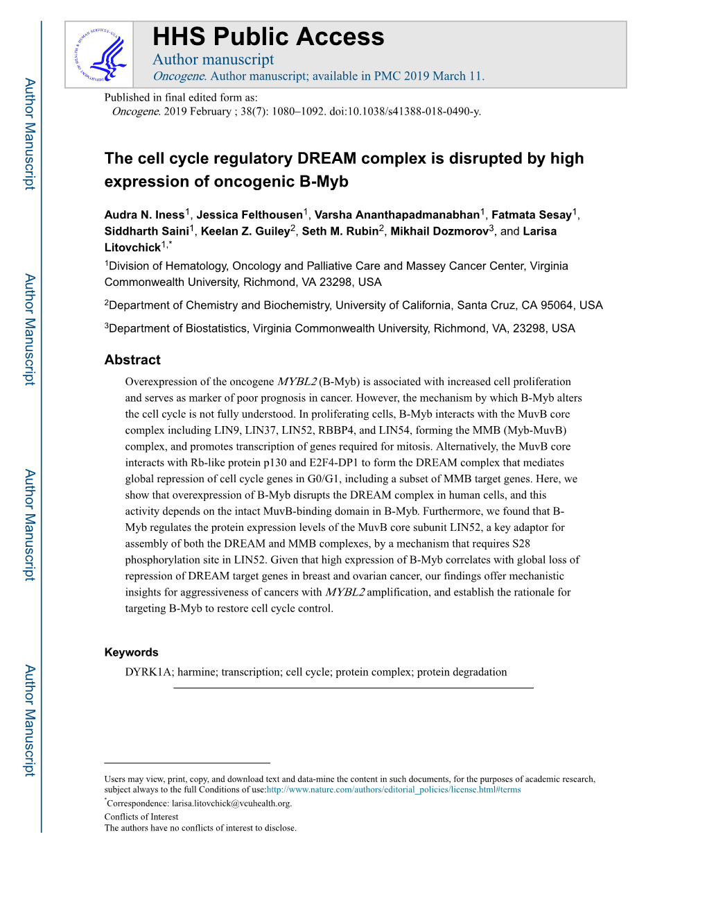 The Cell Cycle Regulatory DREAM Complex Is Disrupted by High Expression of Oncogenic B-Myb