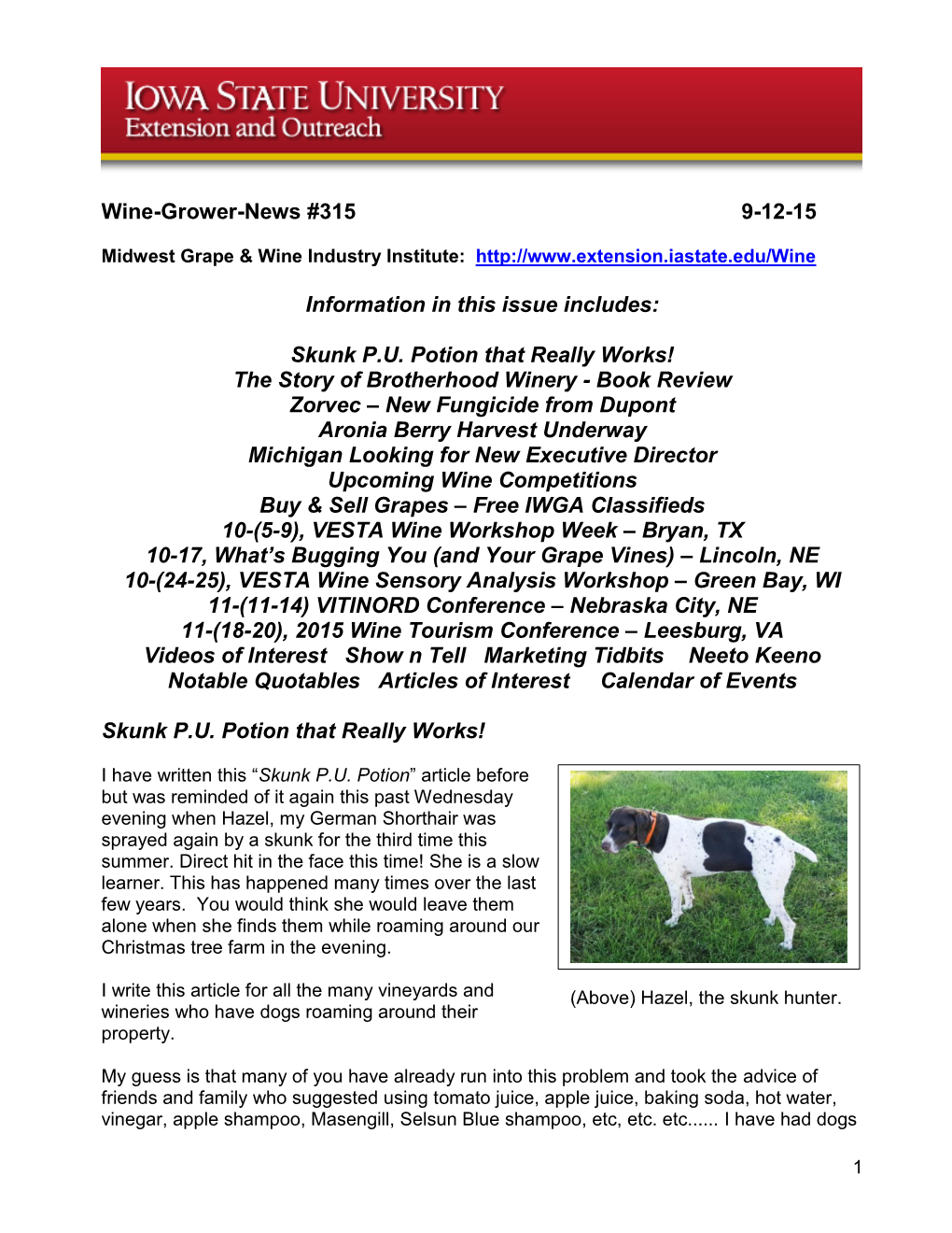 Wine-Grower-News #315 9-12-15 Information in This Issue Includes