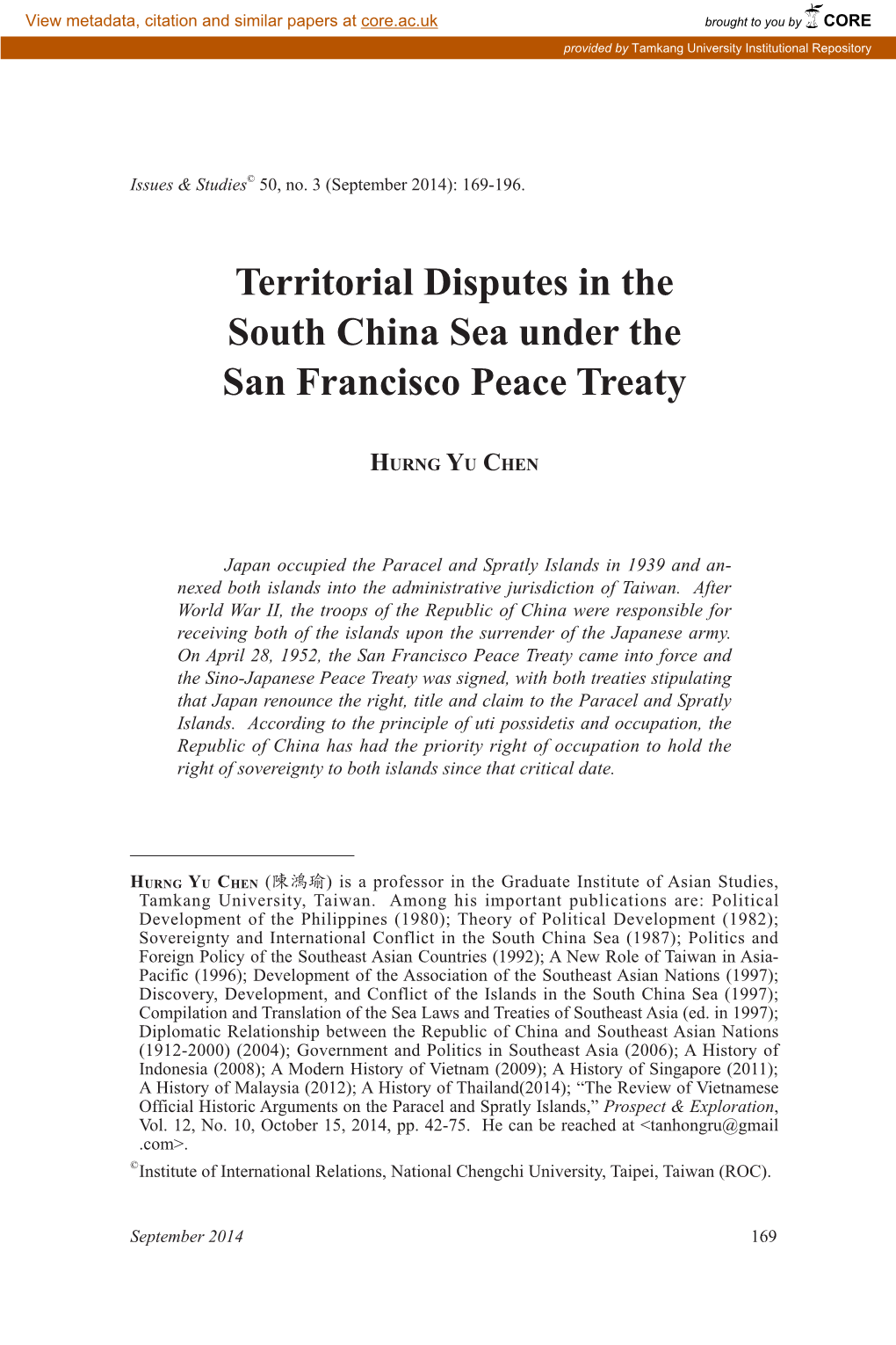 Territorial Disputes in the South China Sea Under the San Francisco Peace Treaty