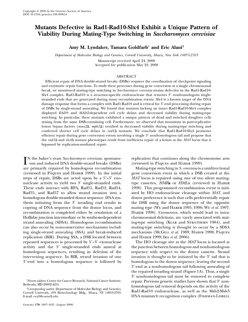 Mutants Defective in Rad1-Rad10-Slx4 Exhibit a Unique Pattern of Viability During Mating-Type Switching in Saccharomyces Cerevisiae