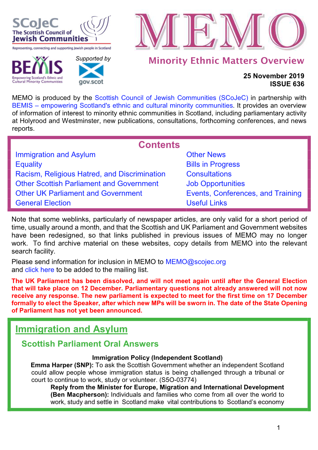 MEMO Is Produced by the Scottish Council of Jewish Communities (Scojec) in Partnership with BEMIS – Empowering Scotland's Ethnic and Cultural Minority Communities