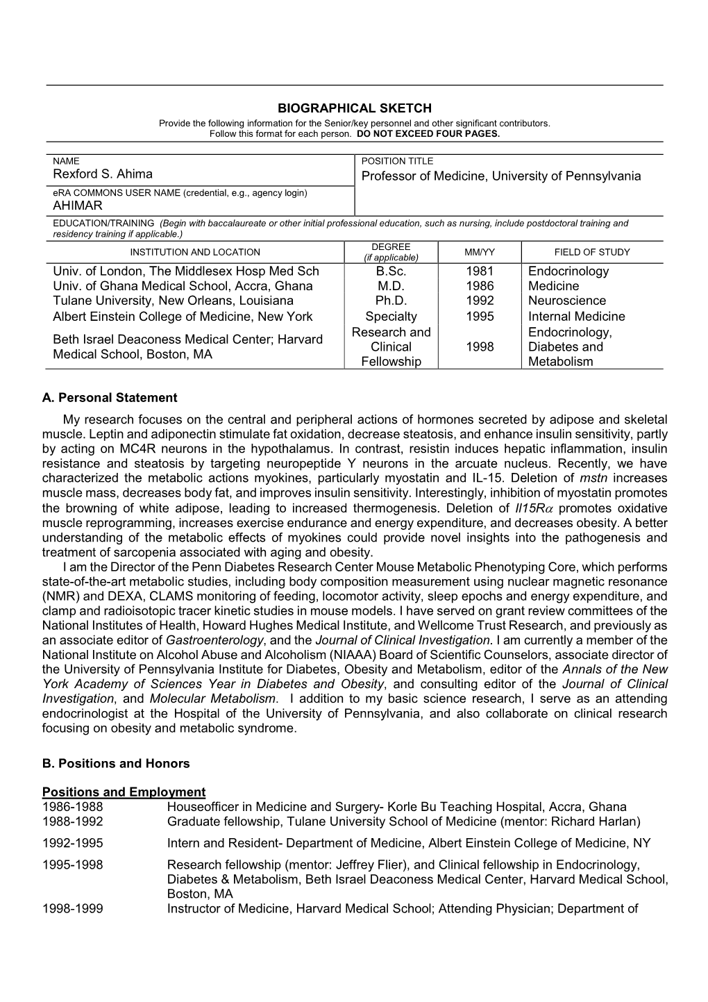 BIOGRAPHICAL SKETCH Rexford S. Ahima Professor of Medicine