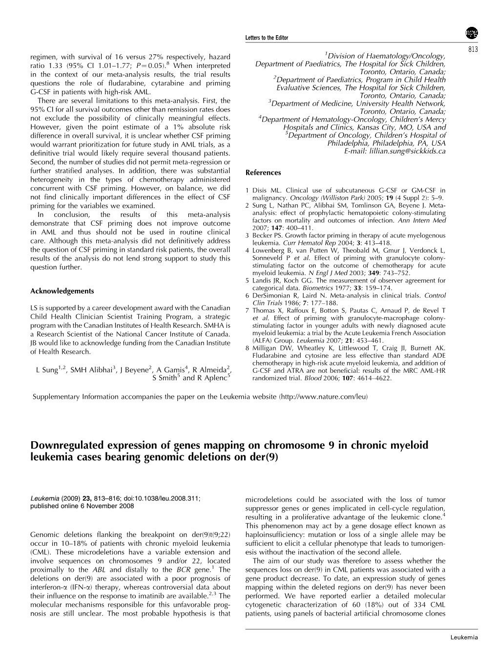 Downregulated Expression of Genes Mapping on Chromosome 9 in Chronic Myeloid Leukemia Cases Bearing Genomic Deletions on Der(9)