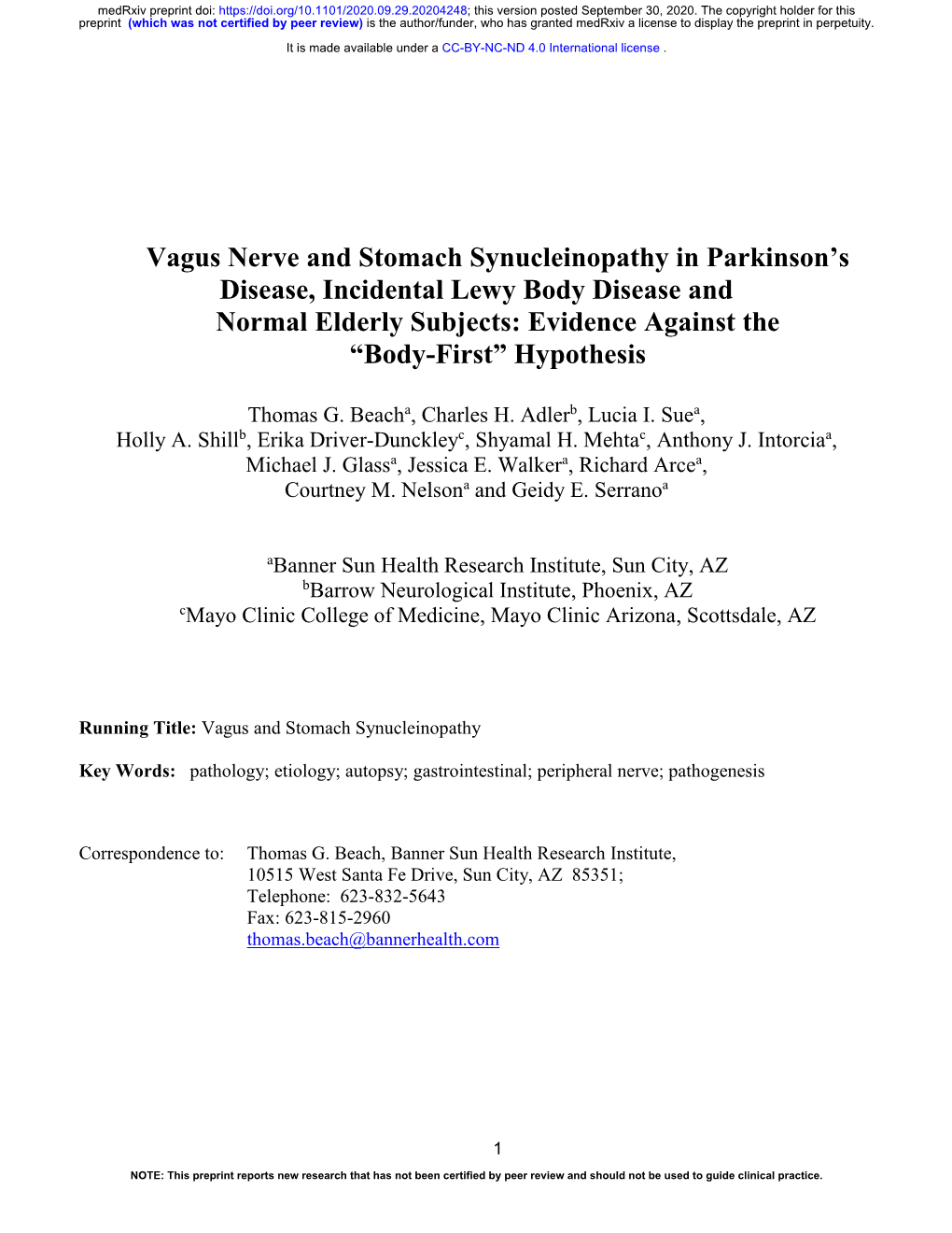 Vagus Nerve and Stomach Synucleinopathy in Parkinson's Disease, Incidental Lewy Body Disease and Normal Elderly Subjects