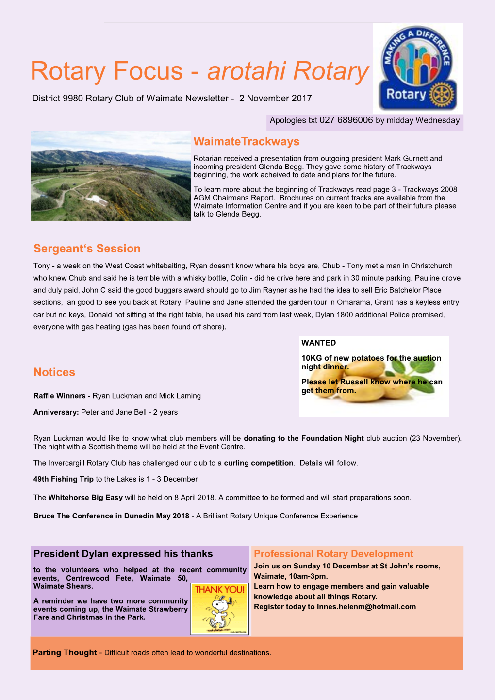 Arotahi Rotary District 9980 Rotary Club of Waimate Newsletter - 2 November 2017