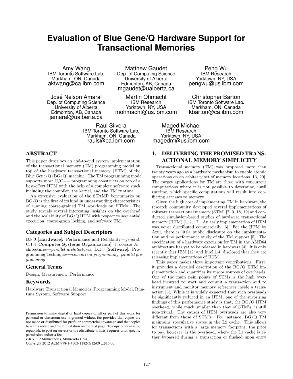 Evaluation of Blue Gene/Q Hardware Support for Transactional Memories