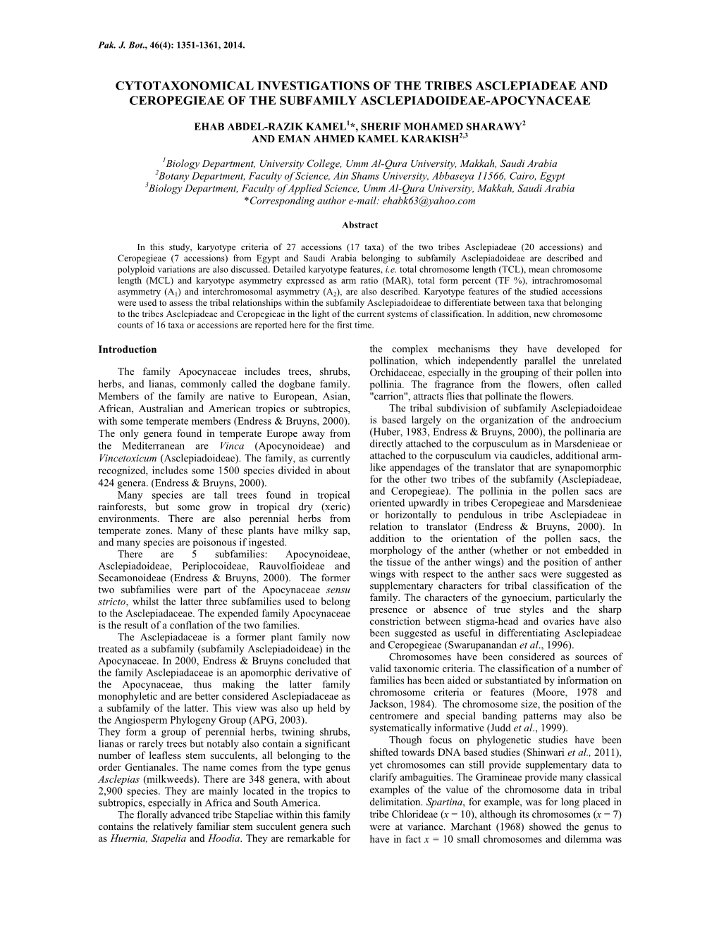 Cytotaxonomical Investigations of the Tribes Asclepiadeae and Ceropegieae of the Subfamily Asclepiadoideae-Apocynaceae