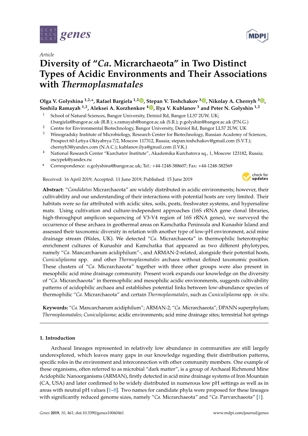 “Ca. Micrarchaeota” in Two Distinct Types of Acidic Environments and Their Associations with Thermoplasmatales