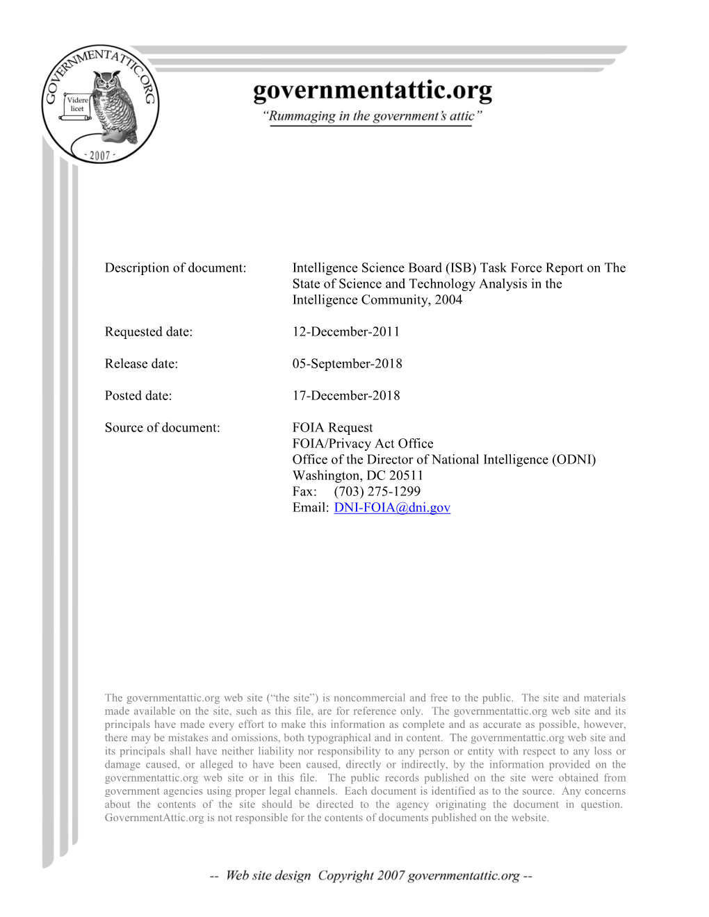 Intelligence Science Board (ISB) Task Force Report on the State of Science and Technology Analysis in the Intelligence Community, 2004