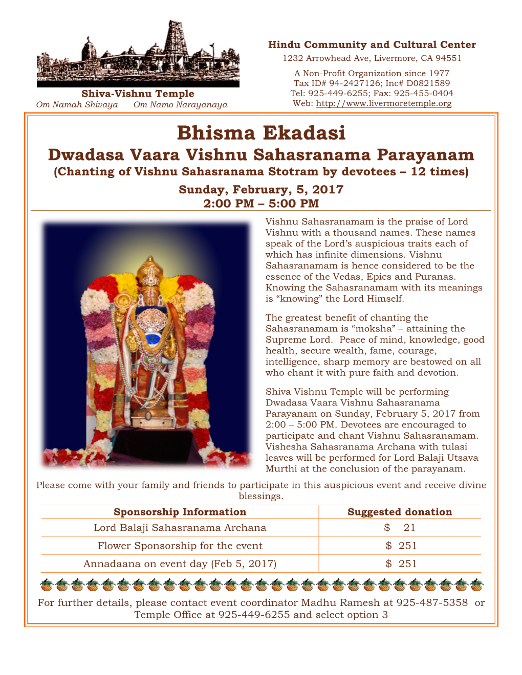 Bhisma Ekadasi Dwadasa Vaara Vishnu Sahasranama Parayanam (Chanting of Vishnu Sahasranama Stotram by Devotees – 12 Times)