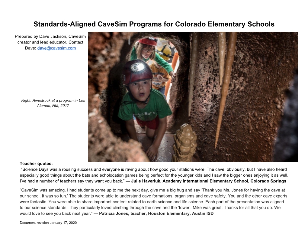 Standards-Aligned Cavesim Programs for Colorado Elementary Schools