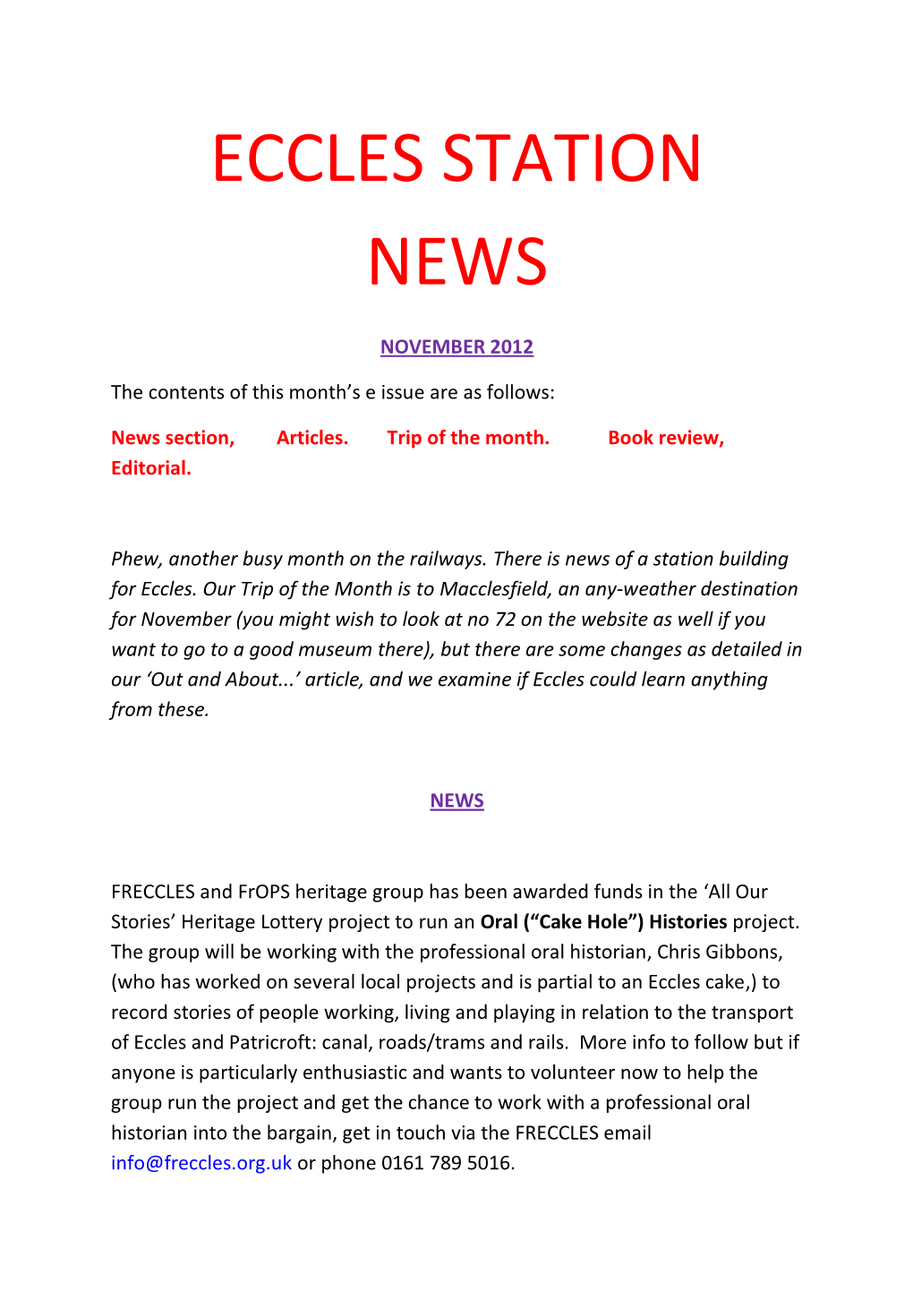 Eccles Station News