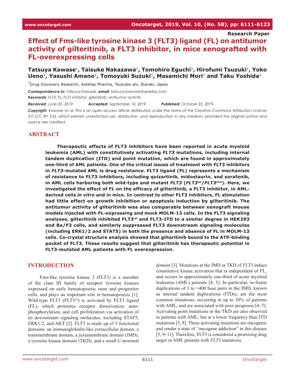 (FL) on Antitumor Activity of Gilteritinib, a FLT3 Inhibitor, in Mice Xenografted with FL-Overexpressing Cells