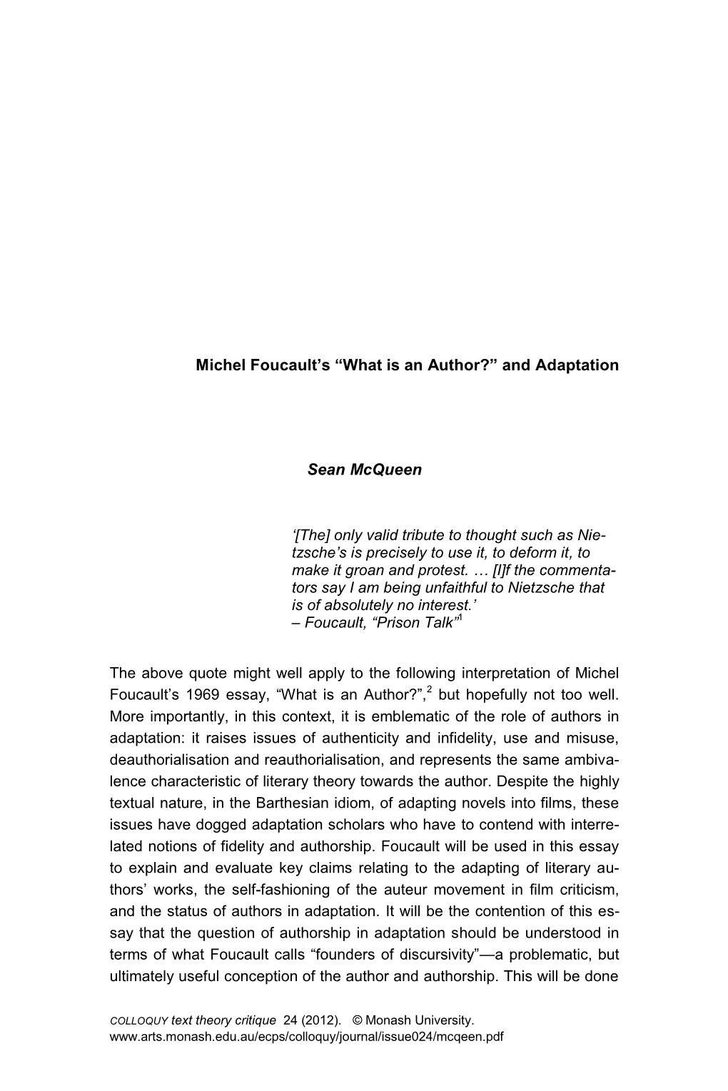 Michel Foucault's “What Is an Author?” and Adaptation Sean Mcqueen „[The] Only Valid Tribute to Thought Such As Nie