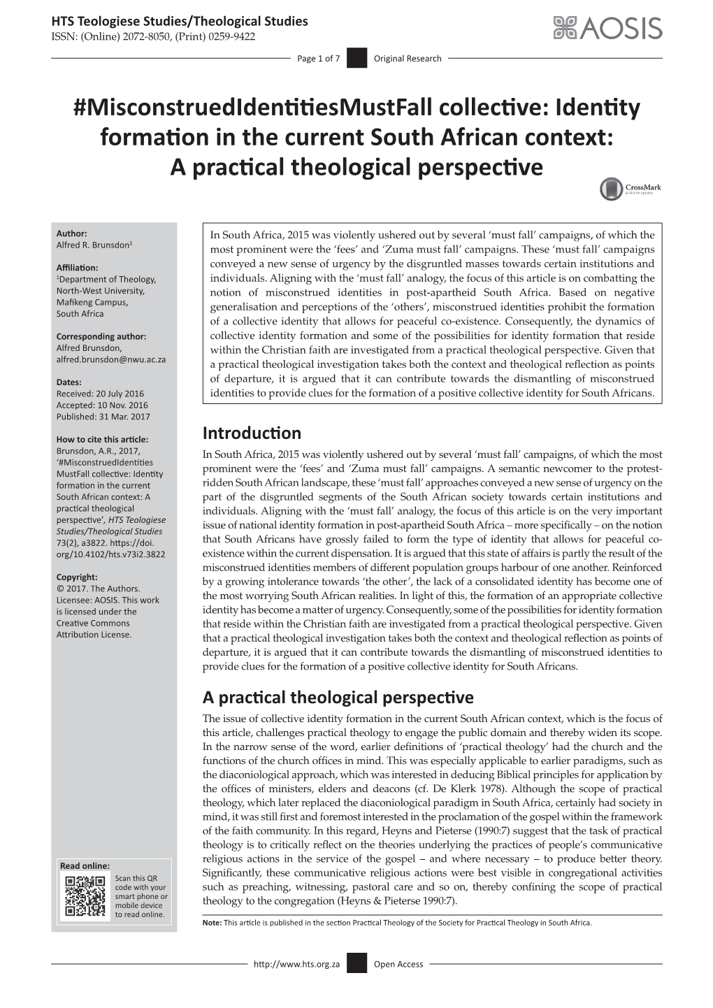 Misconstruedidentitiesmustfall Collective: Identity Formation in the Current South African Context: a Practical Theological Perspective