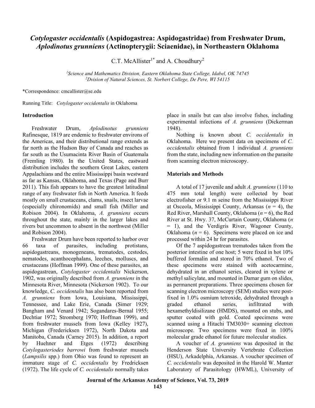 Cotylogaster Occidentalis (Aspidogastrea: Aspidogastridae) from Freshwater Drum, Aplodinotus Grunniens (Actinopterygii: Sciaenidae), in Northeastern Oklahoma