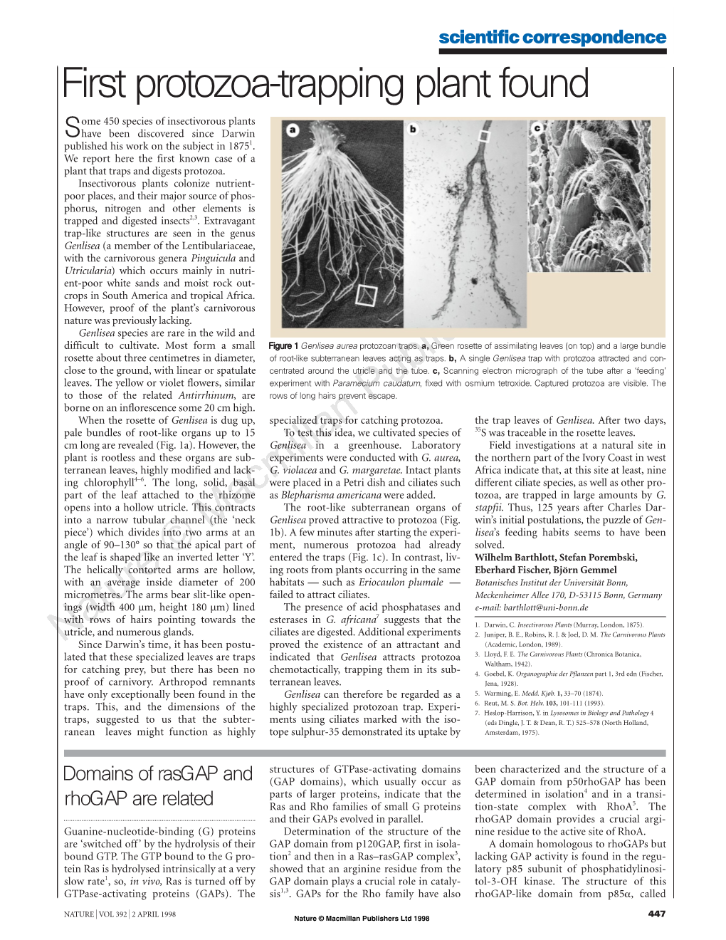 First Protozoa-Trapping Plant Found Ome 450 Species of Insectivorous Plants Shave Been Discovered Since Darwin Published His Work on the Subject in 18751