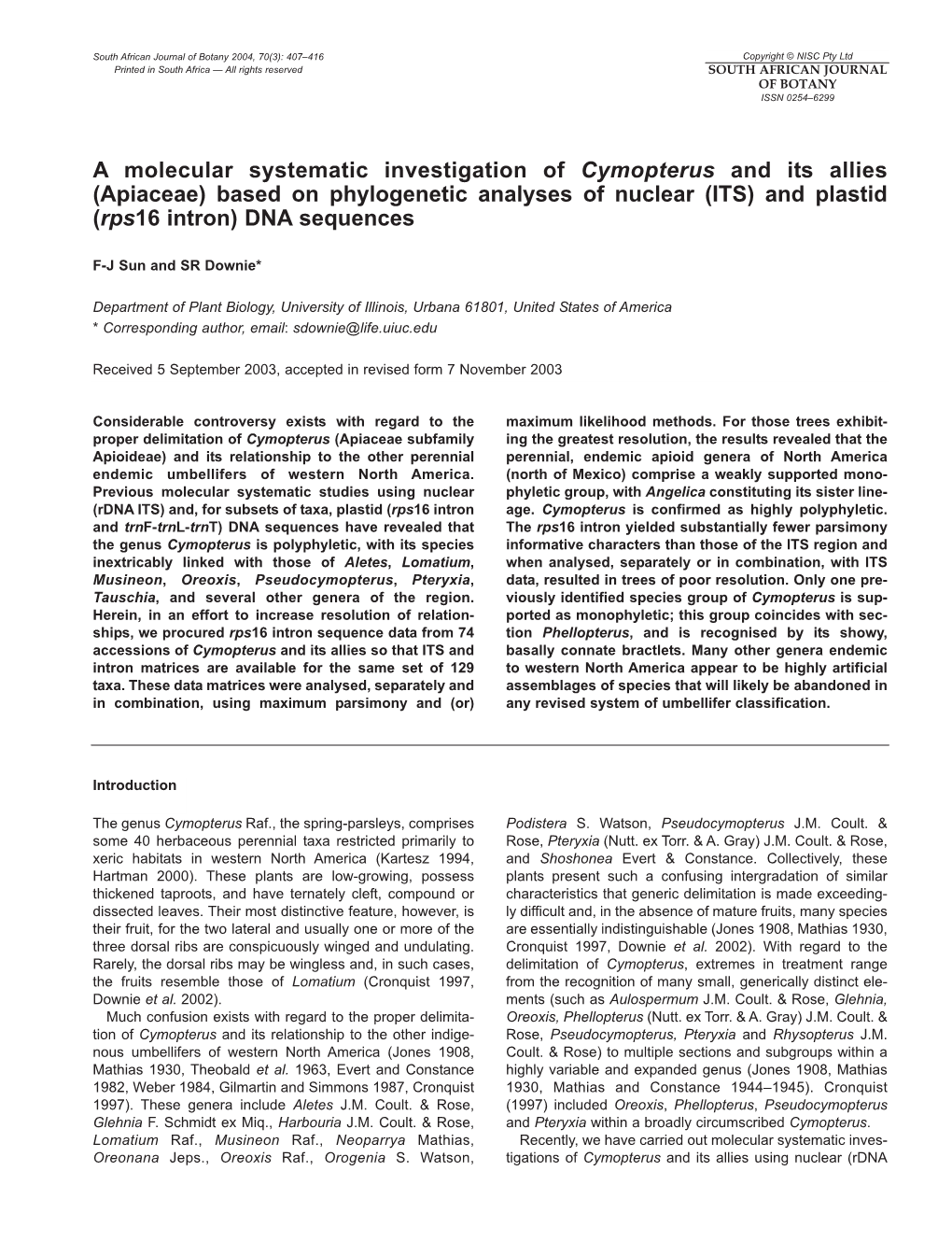 Based on Phylogenetic Analyses of Nuclear (ITS) and Plastid (Rps16 Intron) DNA Sequences