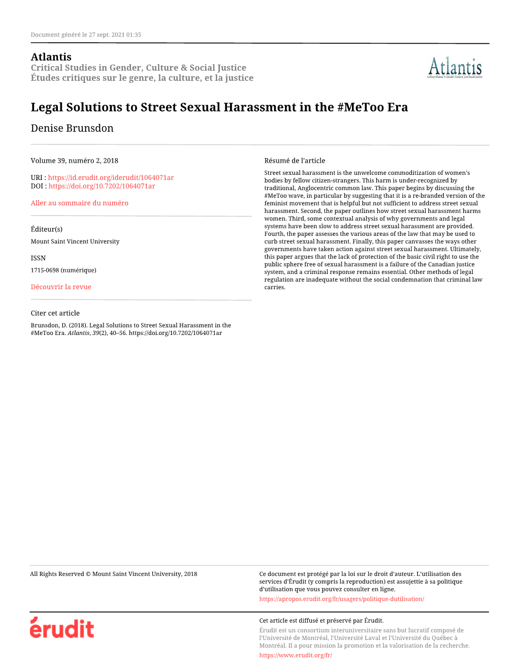 Legal Solutions to Street Sexual Harassment in the #Metoo Era Denise Brunsdon