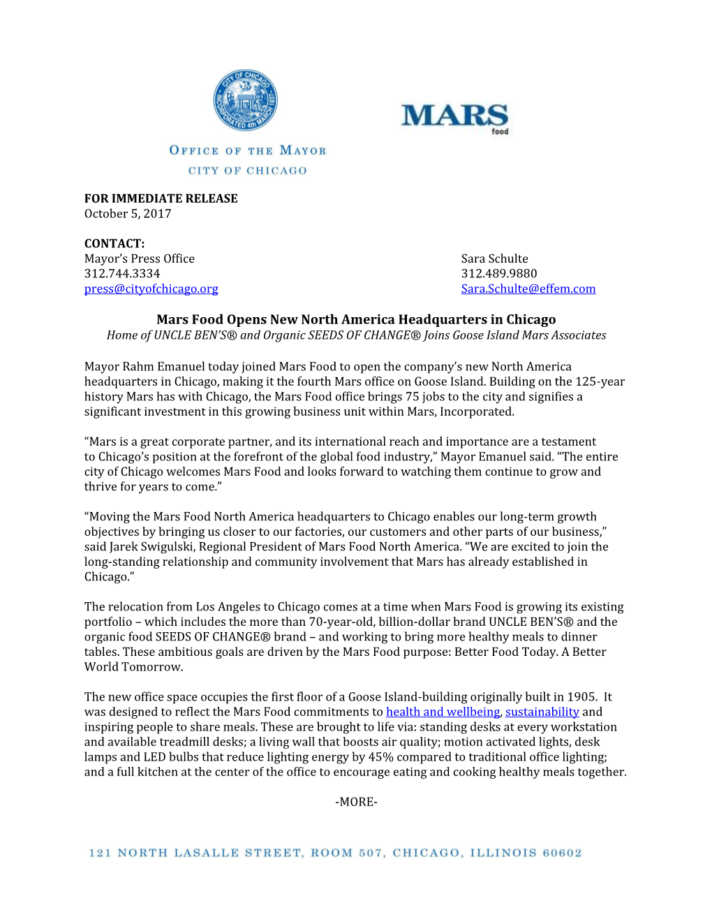 Mars Food Opens New North America Headquarters in Chicago Home of UNCLE BEN’S® and Organic SEEDS of CHANGE® Joins Goose Island Mars Associates