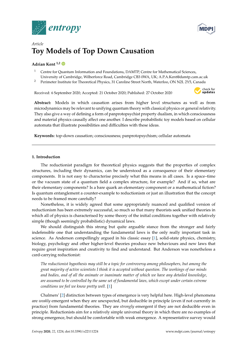 Toy Models of Top Down Causation