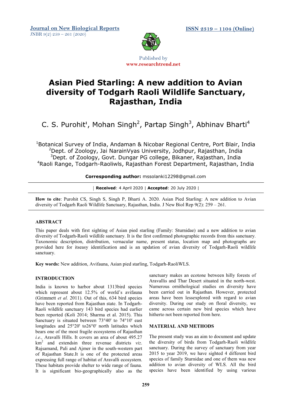 Asian Pied Starling: a New Addition to Avian Diversity of Todgarh Raoli Wildlife Sanctuary, Rajasthan, India