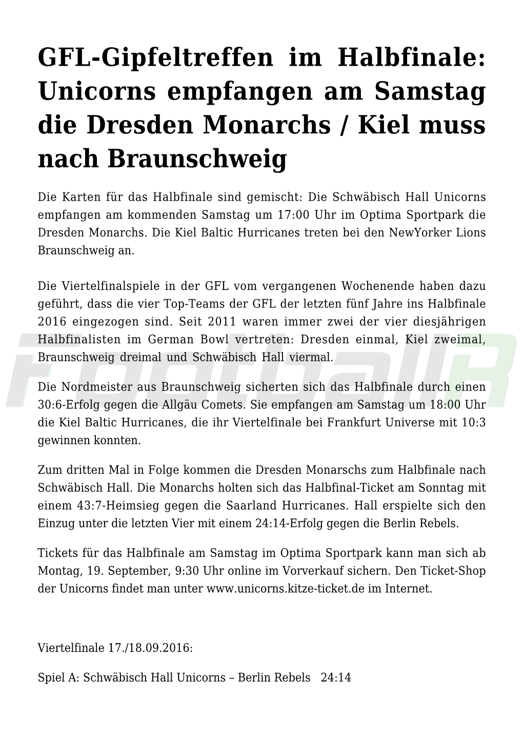 GFL-Gipfeltreffen Im Halbfinale: Unicorns Empfangen Am Samstag Die Dresden Monarchs / Kiel Muss Nach Braunschweig