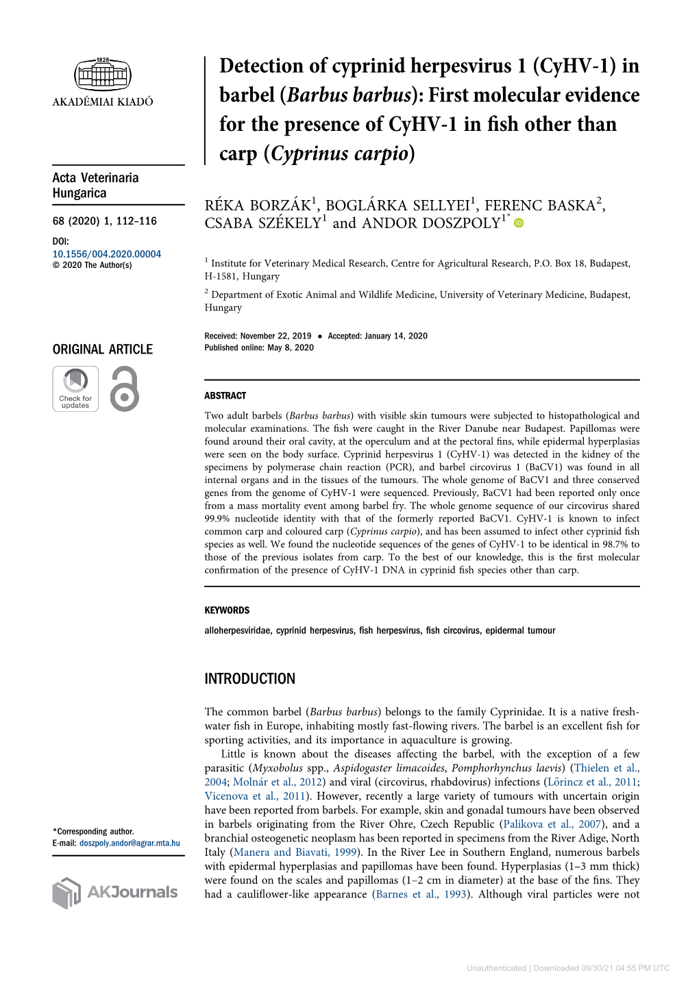 Detection of Cyprinid Herpesvirus 1 (Cyhv-1) in Barbel (Barbus Barbus