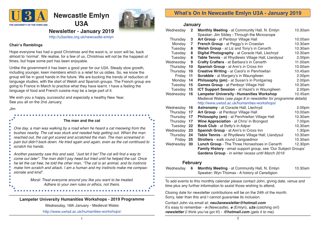 Newcastle Emlyn What’S on in Newcastle Emlyn U3A - January 2019