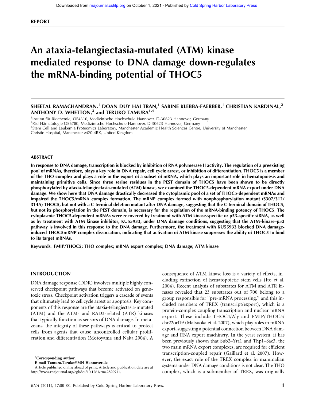 An Ataxia-Telangiectasia-Mutated (ATM) Kinase Mediated Response to DNA Damage Down-Regulates the Mrna-Binding Potential of THOC5