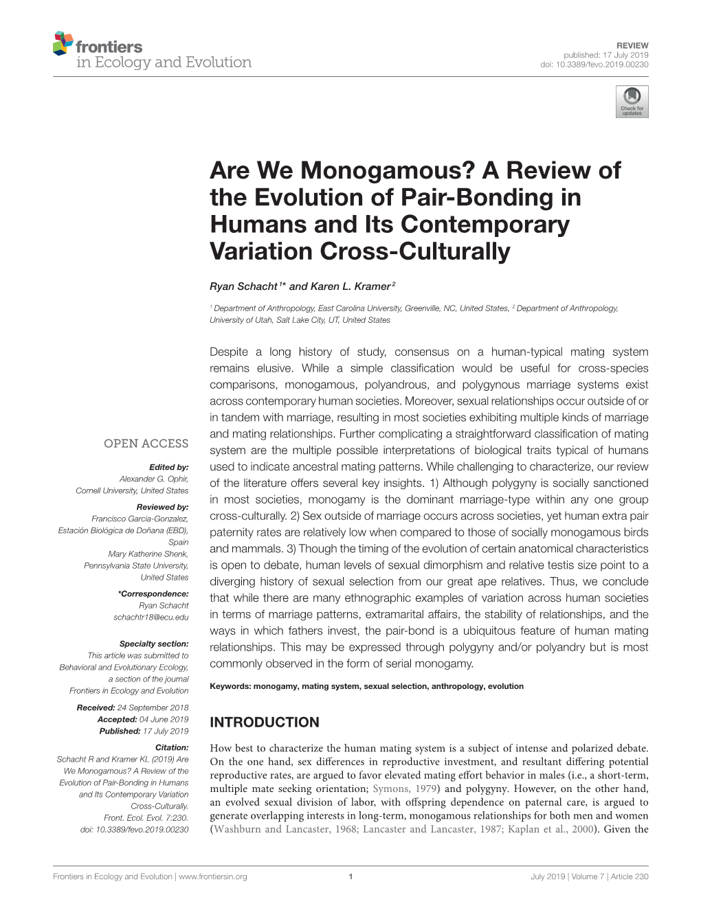 Are We Monogamous? a Review of the Evolution of Pair-Bonding in Humans and Its Contemporary Variation Cross-Culturally