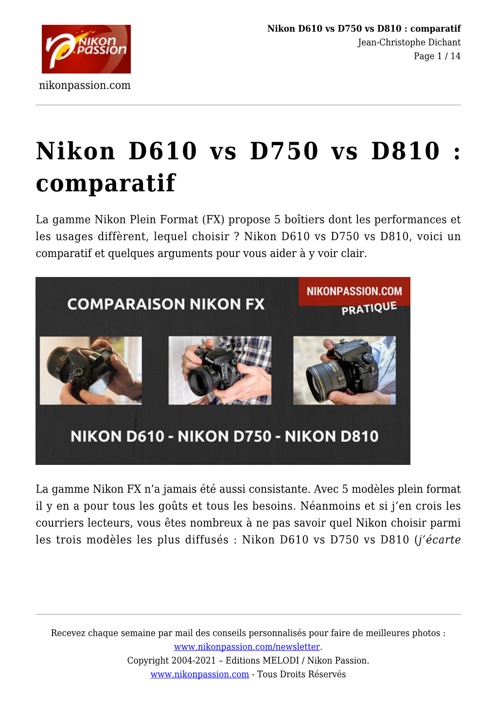 Nikon D610 Vs D750 Vs D810 : Comparatif Jean-Christophe Dichant Page 1 / 14