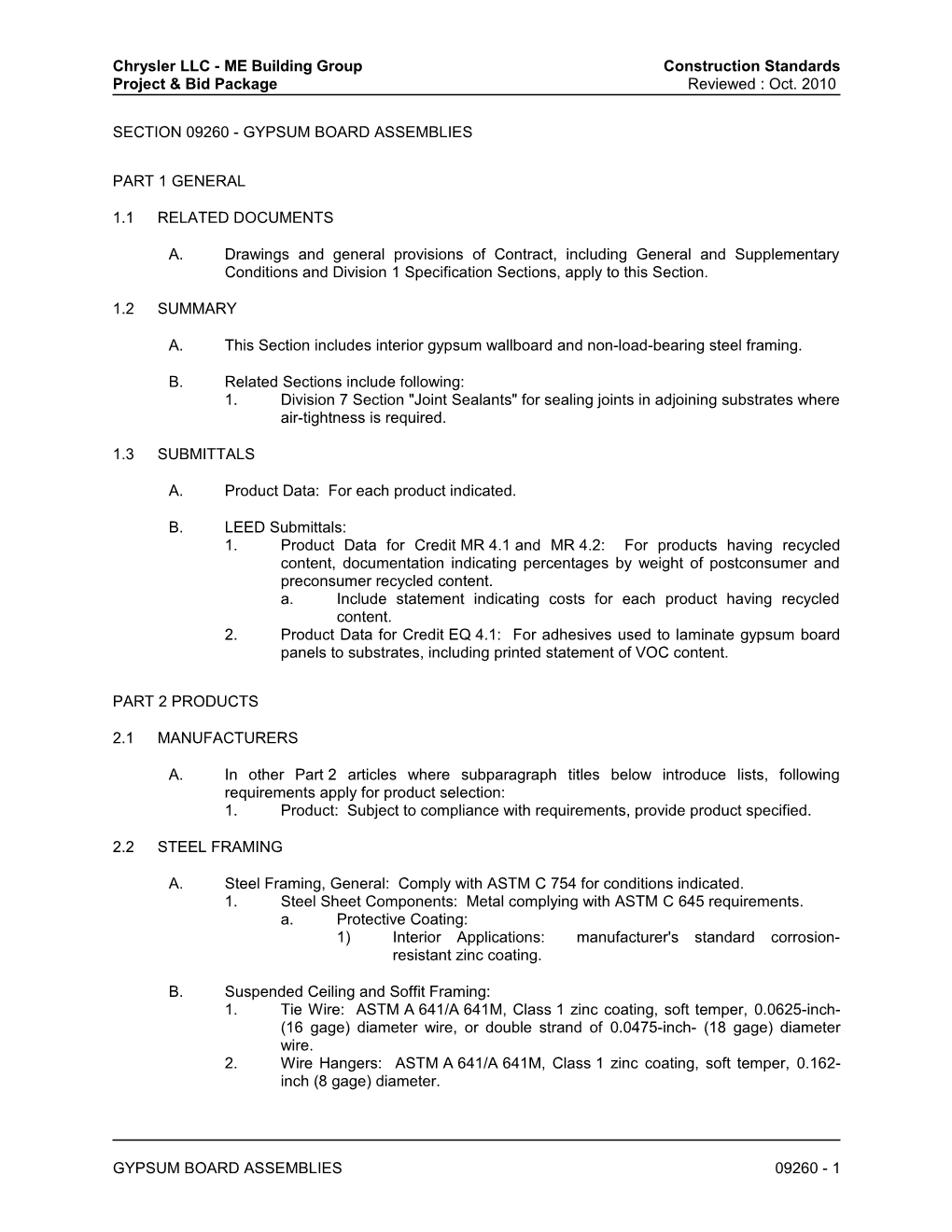 Section 09260 - Gypsum Board Assemblies