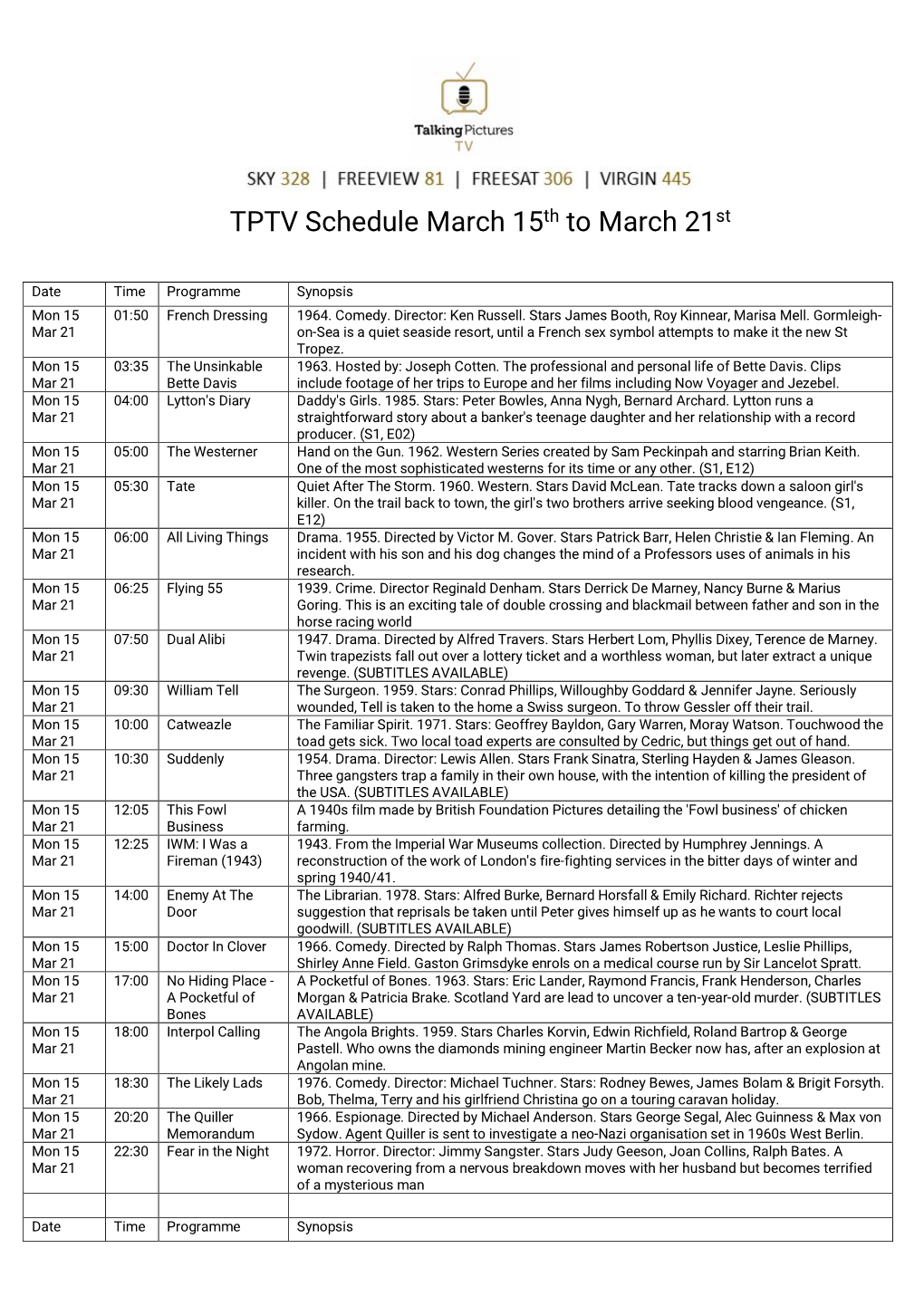 TPTV Schedule March 15Th to March 21St