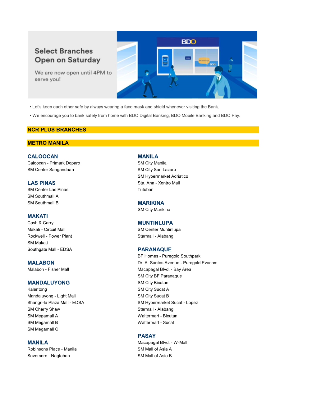 Branch List with Saturday Banking May 25