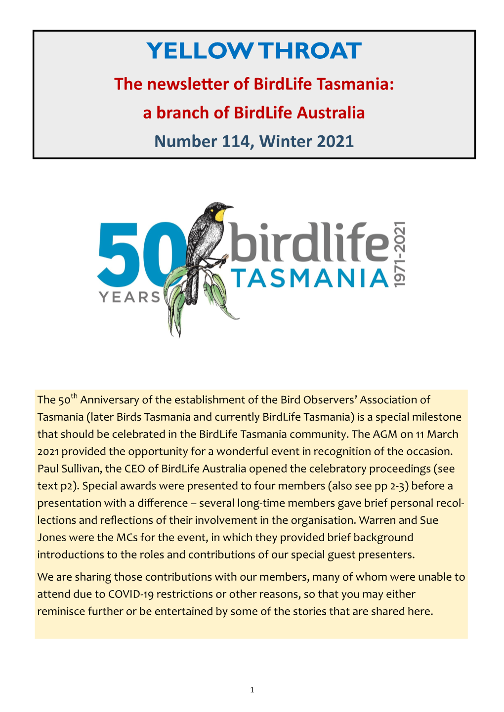 YELLOW THROAT the Newsletter of Birdlife Tasmania: a Branch of Birdlife Australia Number 114, Winter 2021