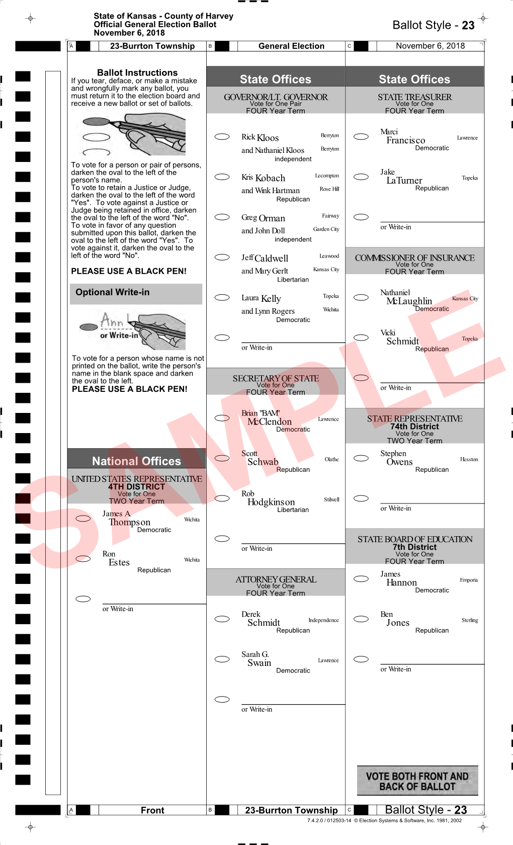 Ballot Style - 23 November 6, 2018 a 23-Burrton Township B General Election C November 6, 2018