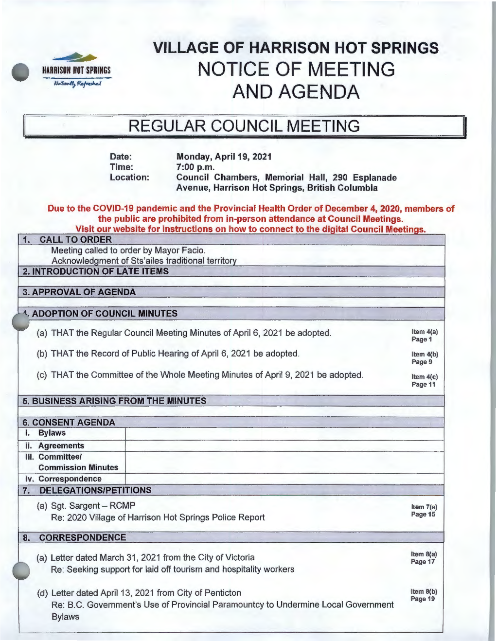 Notice of Meeting and Agenda