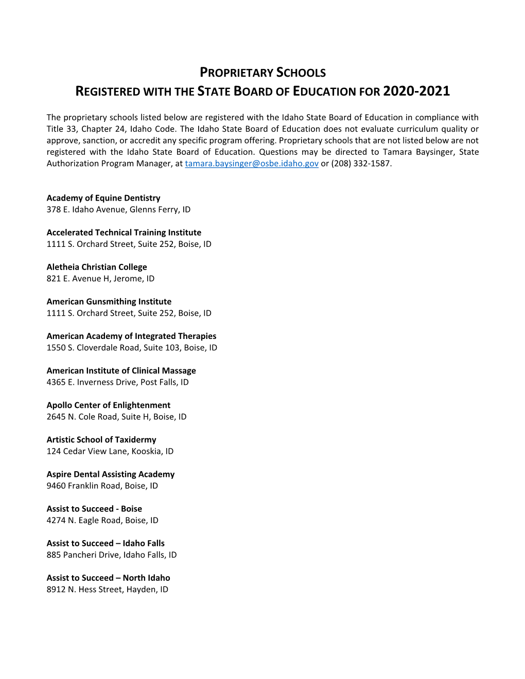 Proprietary Schools Registered with the State Board of Education for 2020‐2021